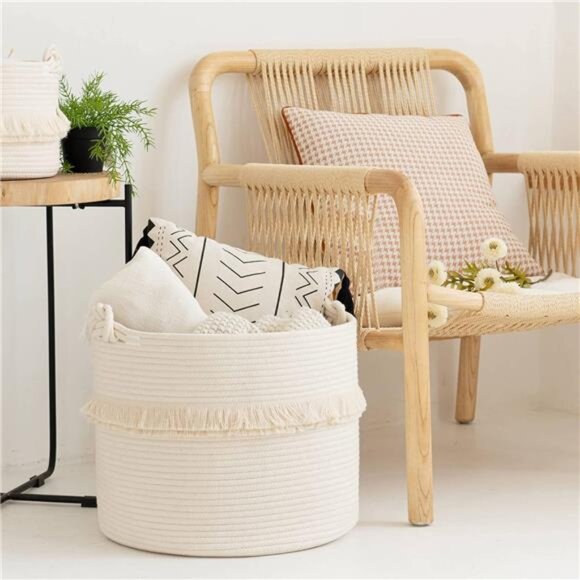 Large Woven Storage Baskets –16''x13'' Cotton Rope Decorative Hamper for Nursery - Picture 5 of 8